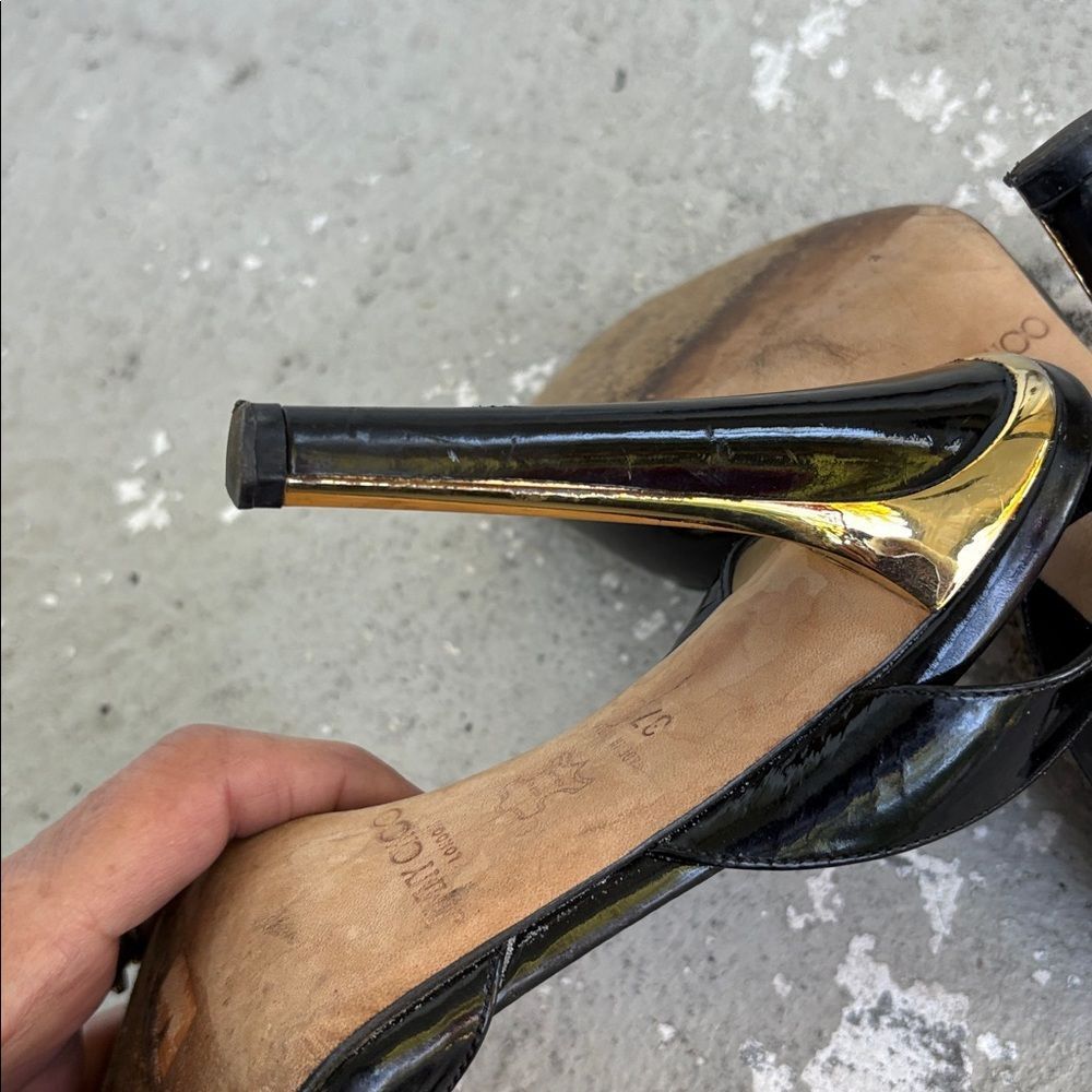 Jimmy Choo Black Patent Leather Slingback Heels with Gold Metallic Heel - Picture 7 of 9